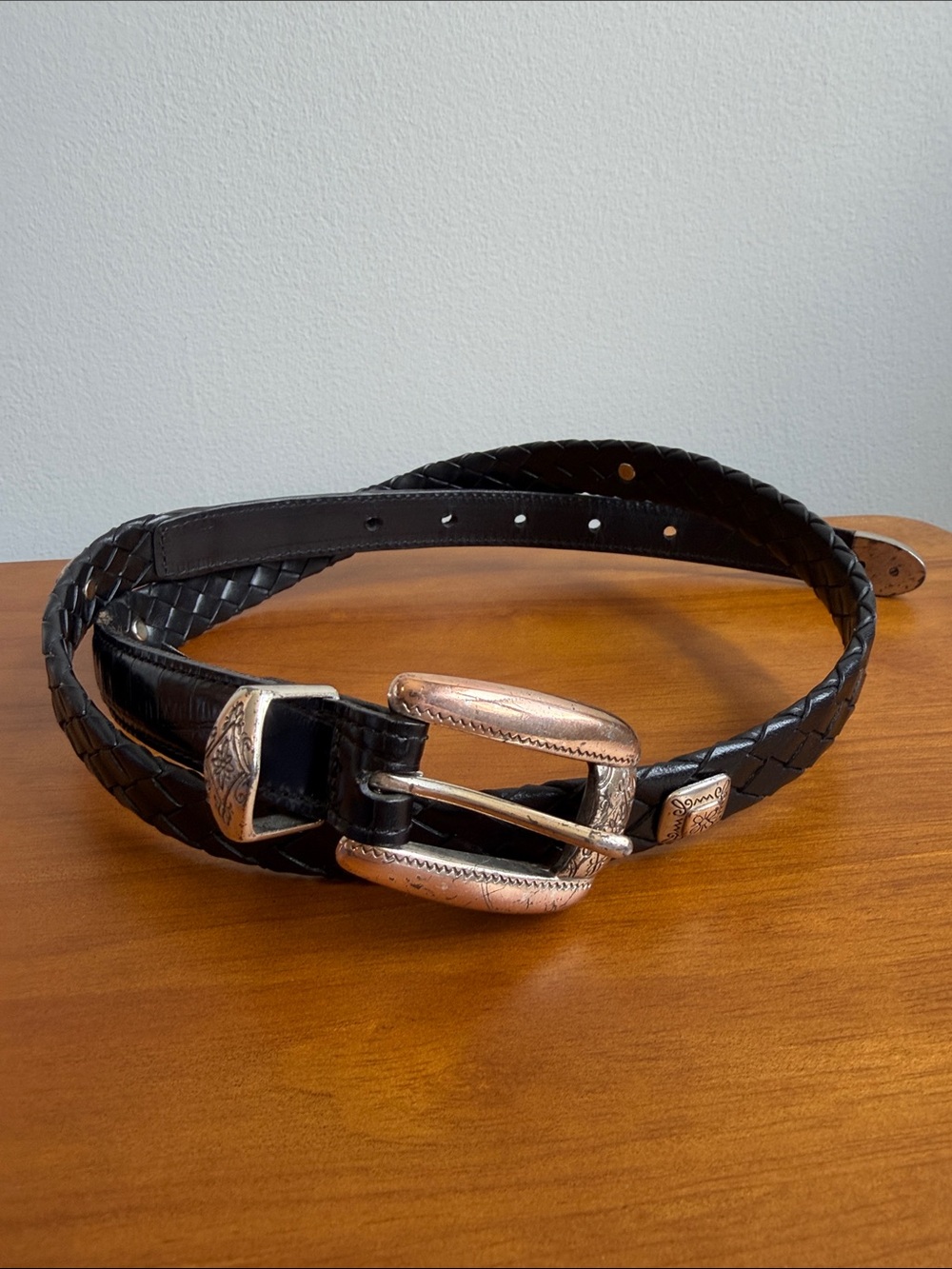 Brighton Vintage Black Leather Woven and Crocodile Belt - Skinny, Size L